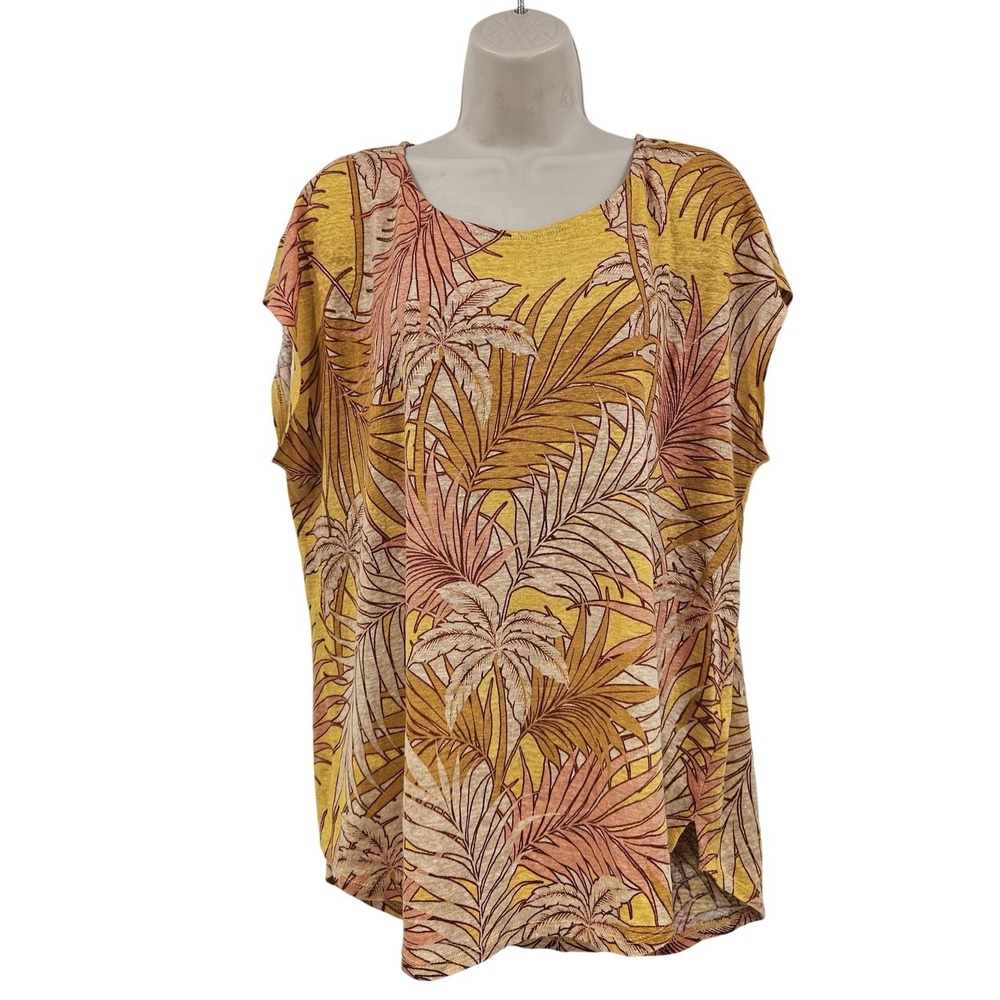 Tahari Shirt Women XXL Yellow Tropical Palm Print 100% Linen Coastal Beachy Vaca